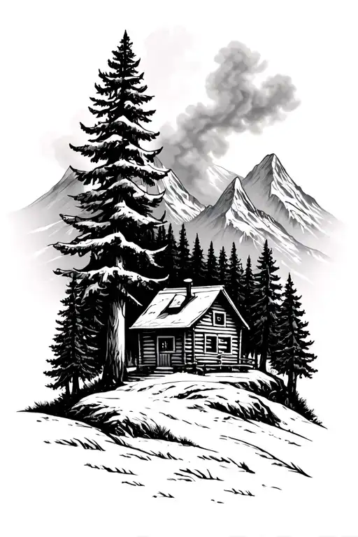 Trees And Smokey Moutains With A Cabin Nestled Within