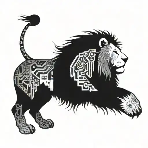 A Lion With Circuit Board Patterns Integrated Into Its Mane
