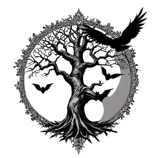 Half Poison Tree Half Tree Of Life With Bats And Doves