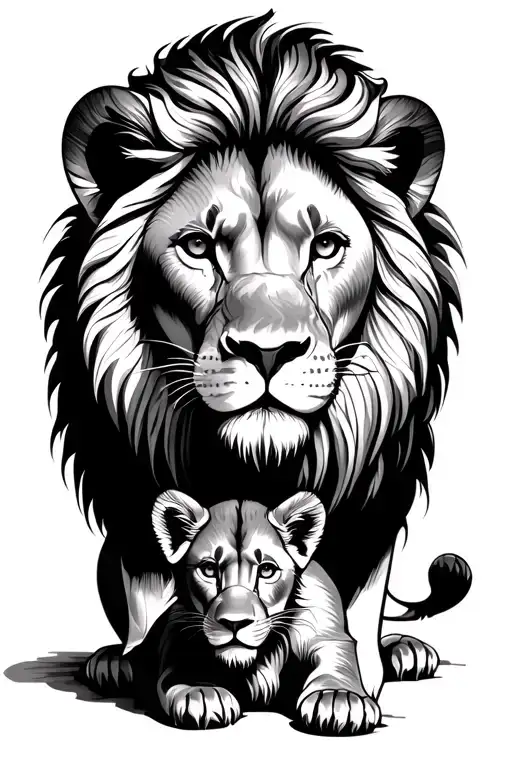 Lion Protecting Cub Looking