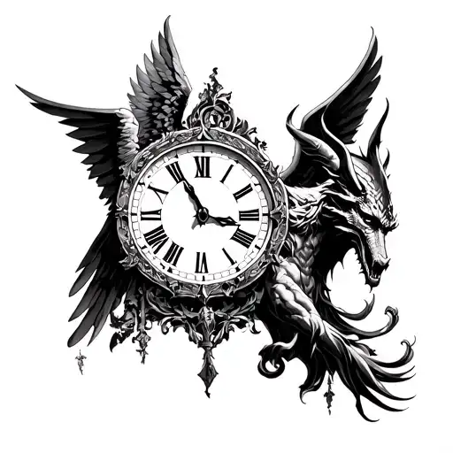 Archangel And Demon And Clock In Roman Numbers