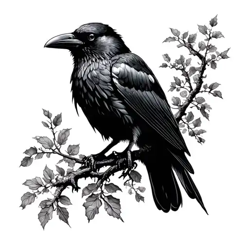 Raven Perched On Thornbush