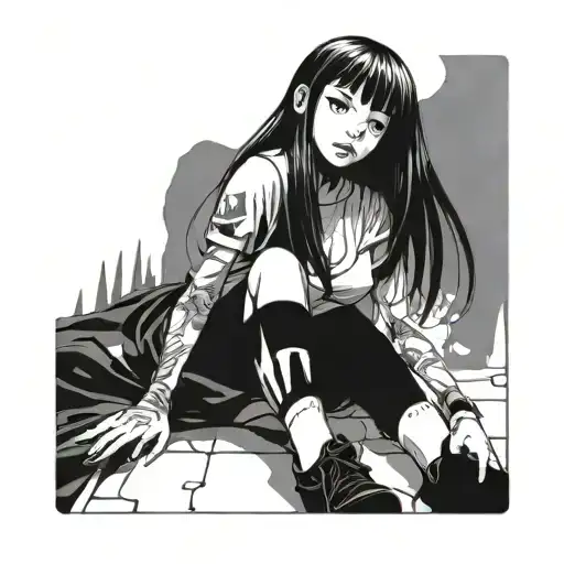 Black And White Anime Girl Character With Gore Junji Ito Style