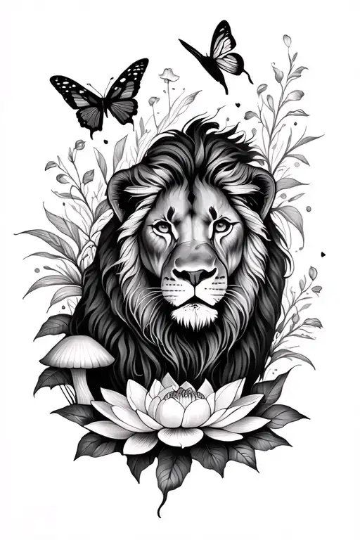 Lioness And Lotus Flower And Mushrooms And Butterflies