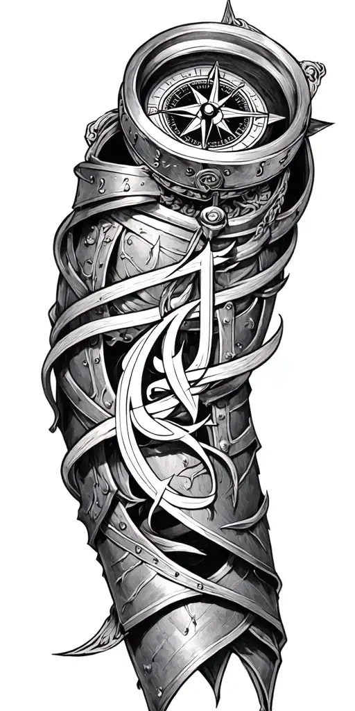 A Compass Intertwined With Elegant Calligraphy Writing Encased In Armor