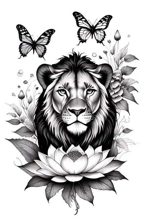 Lioness And Lotus Flower And Mushrooms And Butterflies