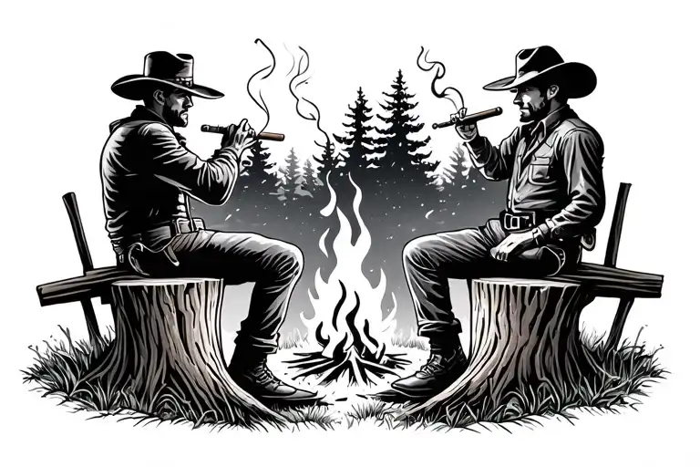 Silouette Two Cowboys Sitting On Tree Stumps Aroud A Camp Fire Smoking Cigars