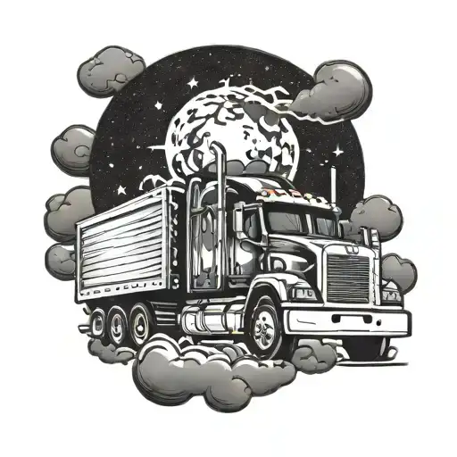 A Semi Truck Driving Through A Moonlit Night Sky