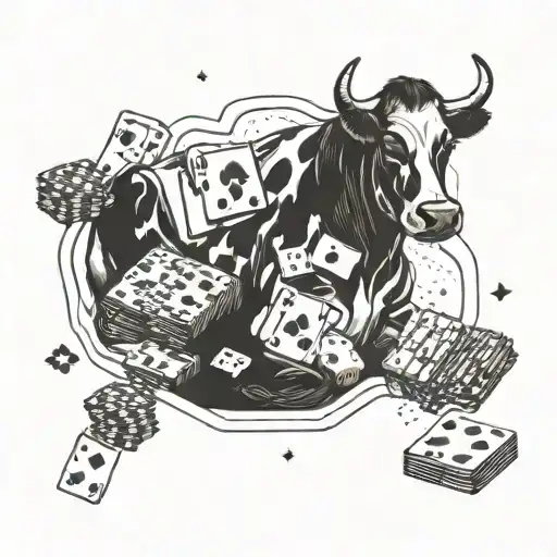 A Cow Playing Poker Surrounded By A Deck Of Cards And Poker Chips