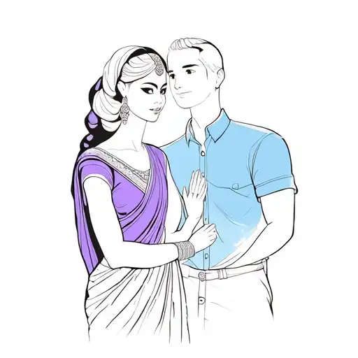 A Woman In A Purple Sari And A Man In A Blue Shirt