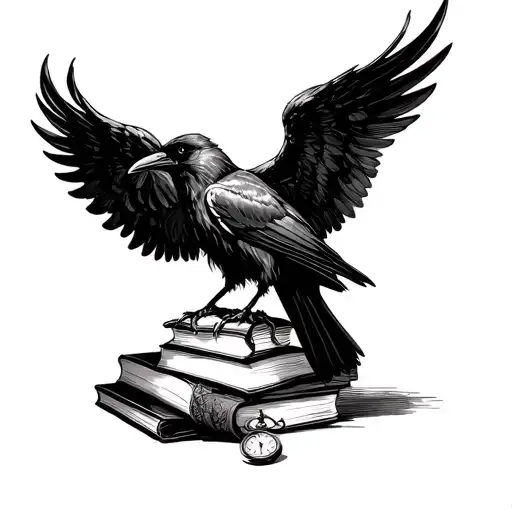 Raven With Wings Unfurled Perched On A Stack Of Books With A Pocket Watch And A Skul