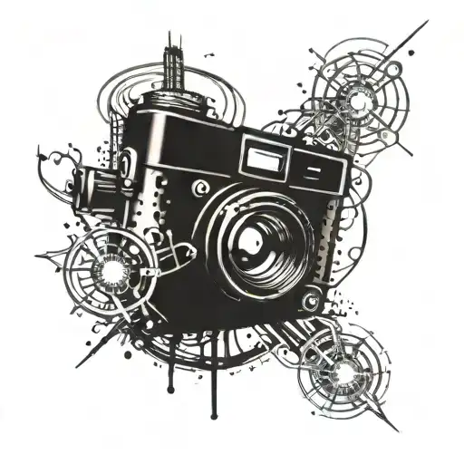 A Tattoo Design Of A Camera Lens Surrounded By Electric Sparks And A Panoramic View Of Chicago