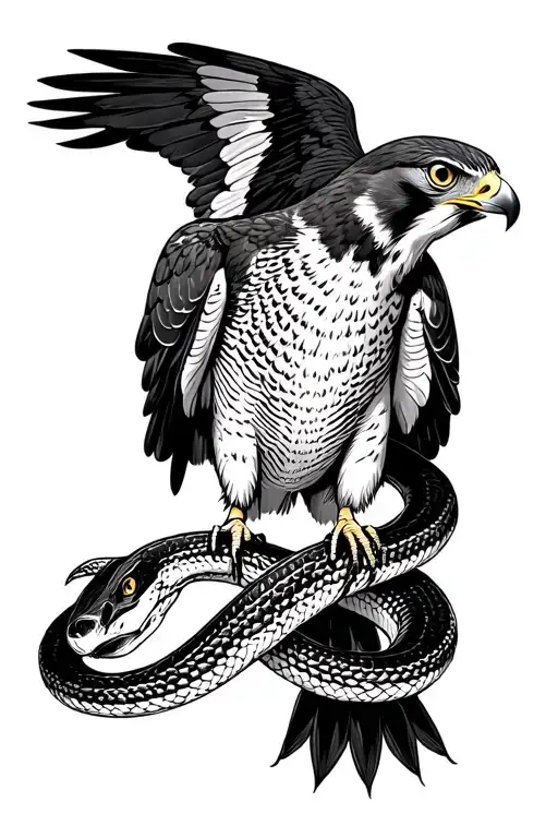 Peregrine Falcon Spread Wings Fighting Coiled Snake