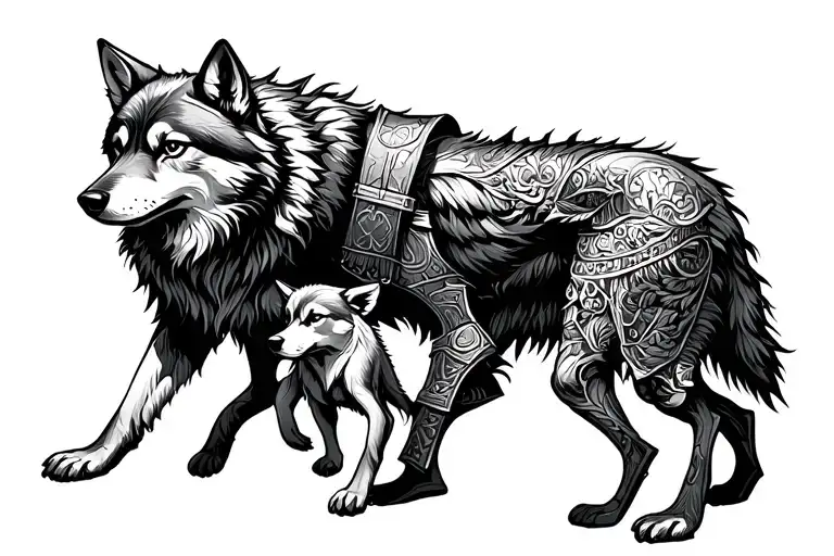 Knight Walking With A Wolf Pup