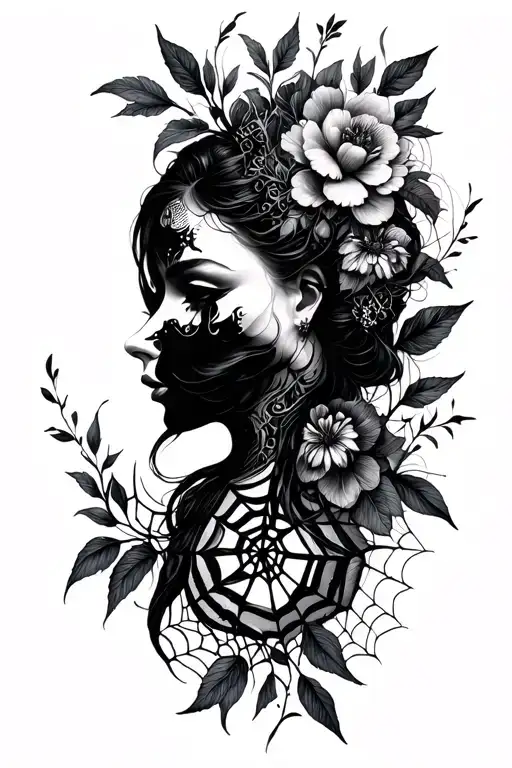Dark Feminine Tattoo With Web And Nature