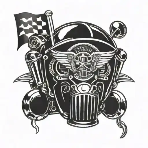 Beer Mug With A Motorcycle Helmet And Racing Flags