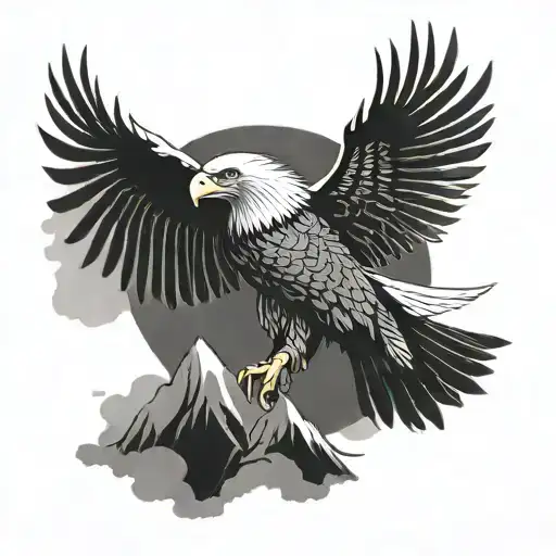 Create A Blackwork Tattoo Of A Majestic Eagle Soaring Above A Cyclist On A Winding Road