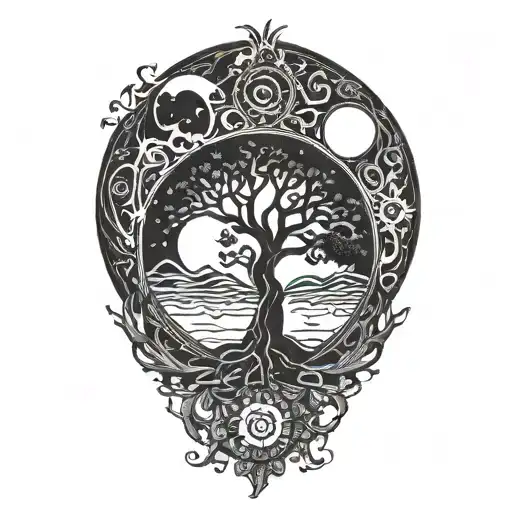 Tree Of Life And Sun And Moon And Jing Jang Symbol