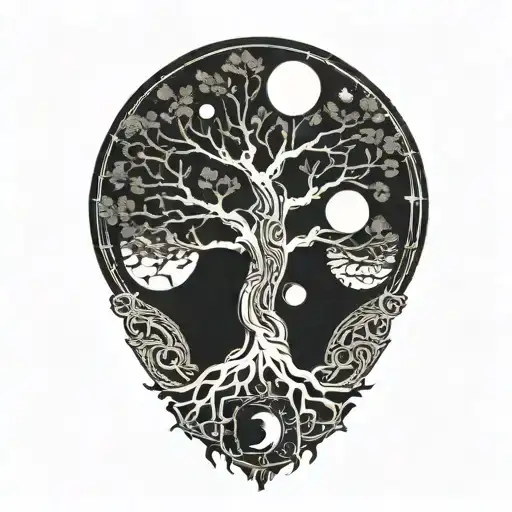 Tree Of Life And Sun And Moon And Jing Jang Symbol