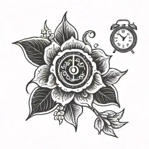 A Blackwork Tattoo Of A Coffee Flower Blooming With Clock Hands As Petals