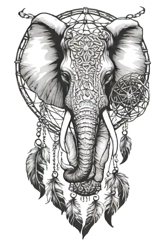 Elephant Head Hanging On A Big Dream Catcher