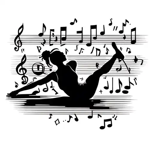 A Blackwork Tattoo Of A Silhouette Of A Person Doing A Workout Routine To The Beat Of Music Notes