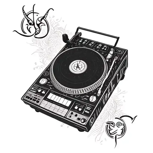 A Dj Turntable With Intricate Blackwork Details And A Capricorn Symbol Incorporated Into The Design