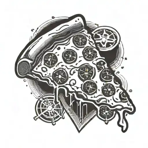 A Blackwork Tattoo Of A Slice Of Pizza With A Police Badge Incorporated Into The Design