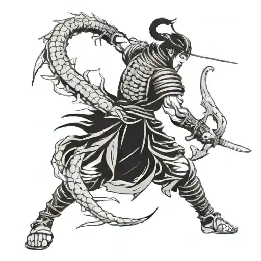 A Mystical Anime Scene Of A Samurai Warrior Facing Off Against A Giant Scorpion In A Blackwork Style