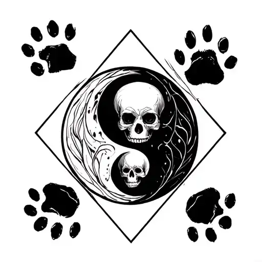 Ying And Yang With Dog Paw Prints And Skulls With Triangle