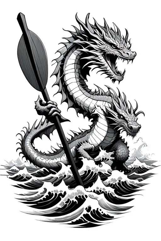 Dragon Holding A Paddle Surrounded By Waves Crashing