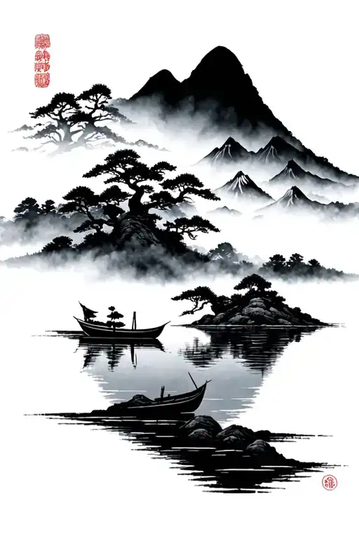 Japanese Mountains And A Lake With A Boat In A Fog