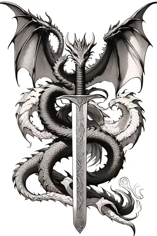 Dragon Wings Spread Behind A Sword With Tail Wrapped Around It