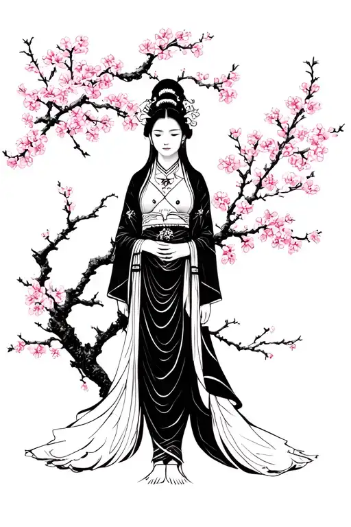 Janapese Samarai Standing By Cherry Blossom
