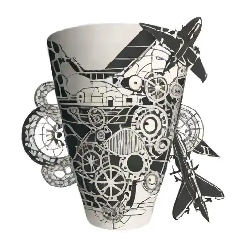 A Coffee Cup With Intricate Aircraft Structure Patterns Integrated Into The Design