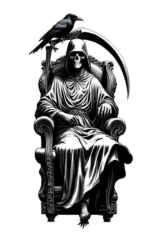 Grim Reaper On A Throne Holding A Scythe With A Raven Sitting On Top