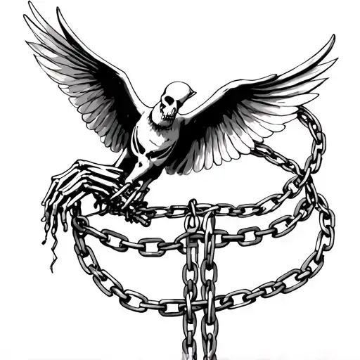Skeleton Hand Holding Tightly To A Metal Chain Thats Wraped Around The Neck Of A Flying Dove