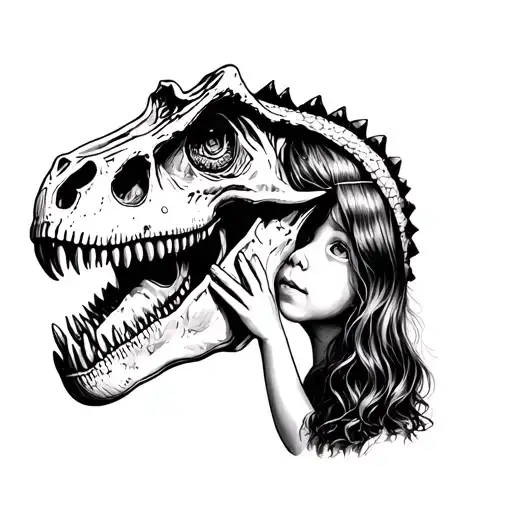 Little Girl Touching The Nose Of A Sketal T Rex