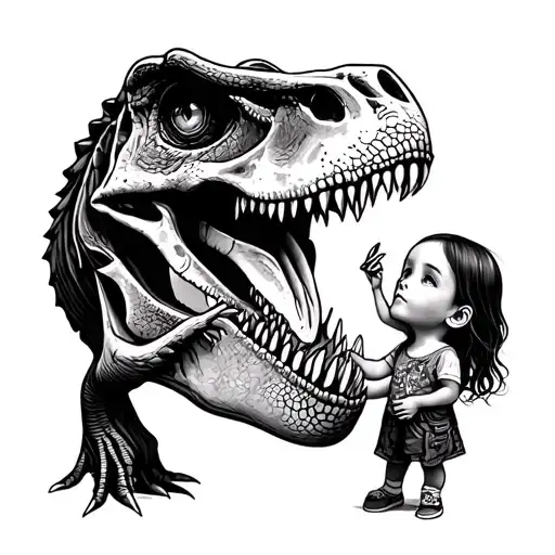 Little Girlstanging And Touching The Nose Of A Sketal T Rex