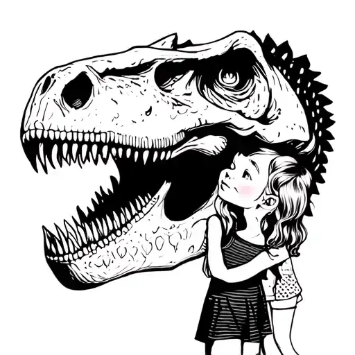 Little Girlstanging And Touching The Nose Of A Sketal T Rex