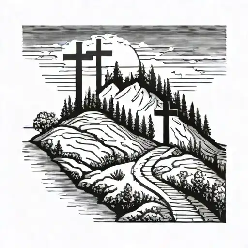 Simple 3 Cross Tatoo On Hill With Tair Way Leading To It