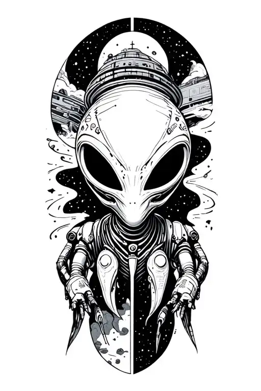 Alien And Spaceship In Space Half Sleeve