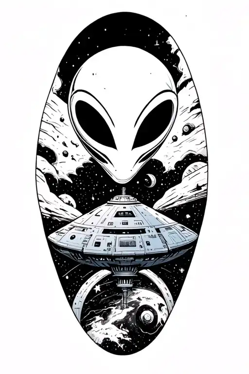 Alien And Spaceship In Space Theme Half Sleeve