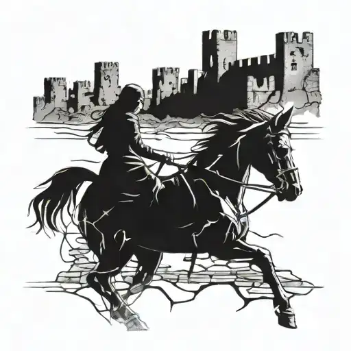 Silhouette Of A Woman On A Horse Walking Into A Ruined City