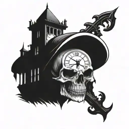 Skull With Fangs With Clock Tower