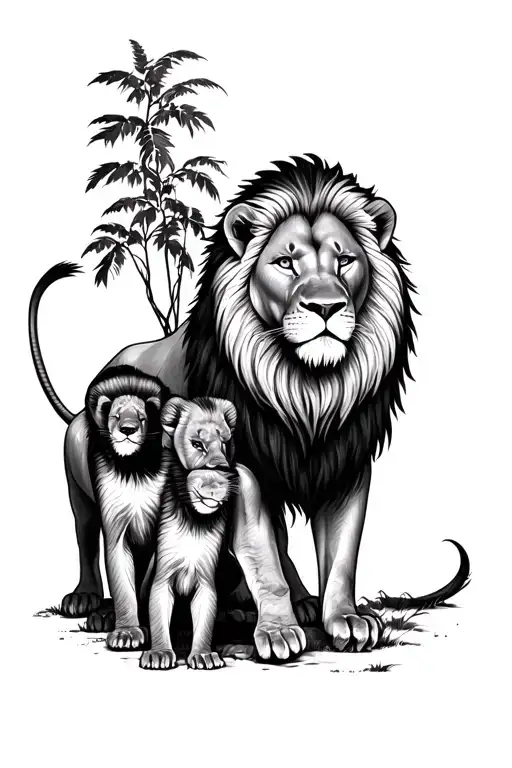 Dad Lion Surrounded By 3 Cubs