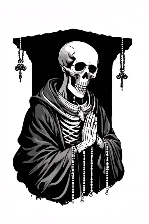 A Skeleton Wearing A Robe With Prayer Beads