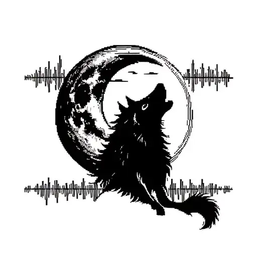 A Pixelated Wolf Howling At A Moon Made Of Soundwaves