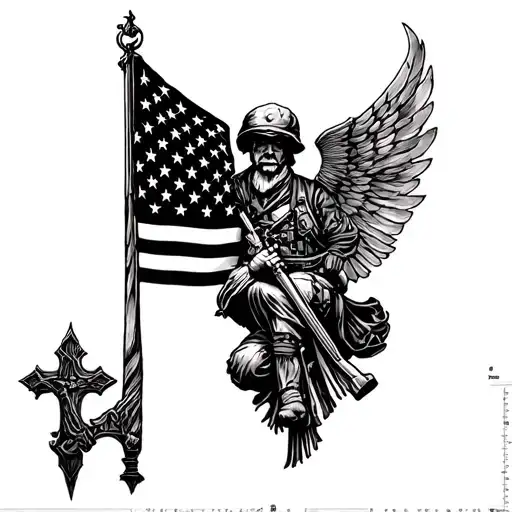 Cross And American Flag Soldier Knelling
