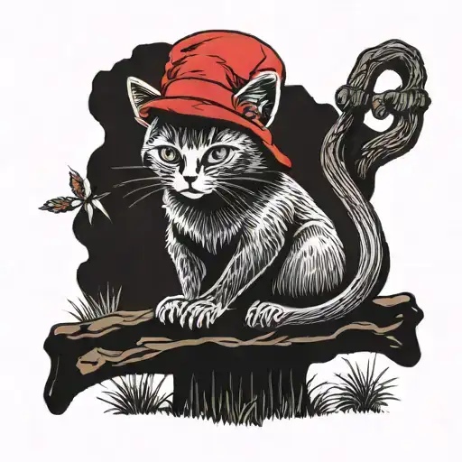 A Black Cat Wearing A Red Bucket Hat Sitting On A Toadstool In A Nature Setting